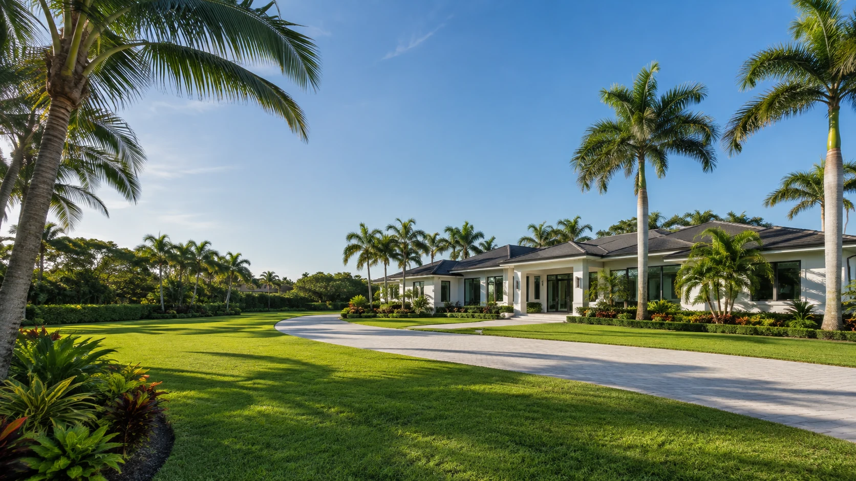 Luxury South Florida home in Davie, Florida with tropical lawn and clean windows