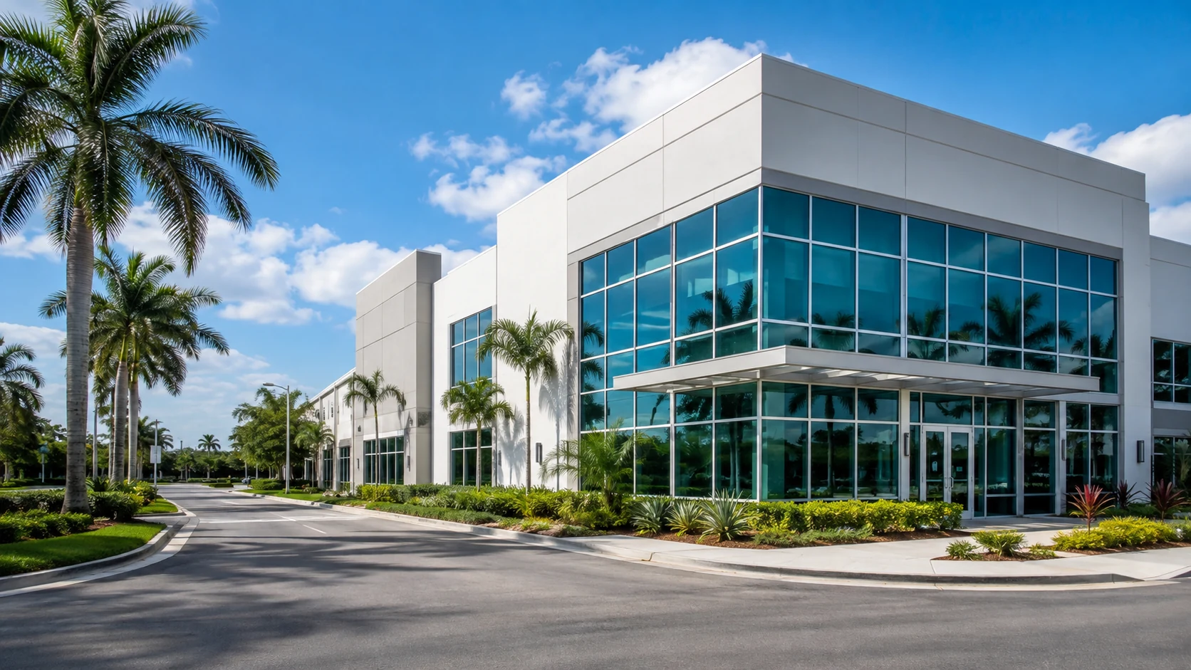 Modern commercial building in Doral, Florida with large clean glass windows