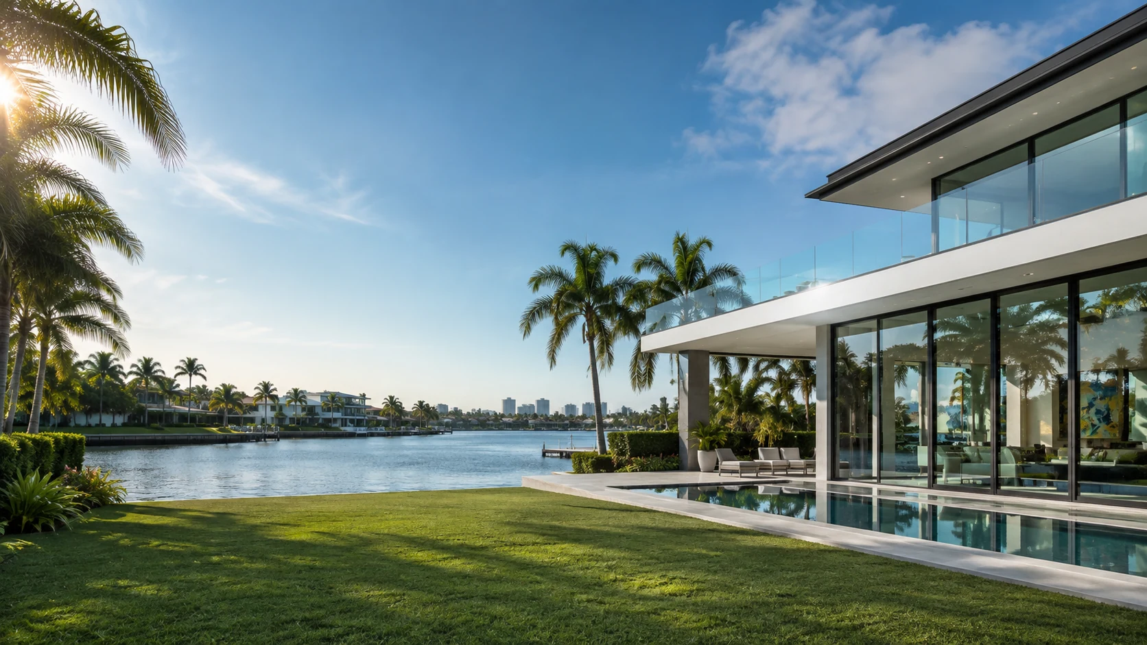 Waterfront modern home in Fort Lauderdale, Florida with large glass windows