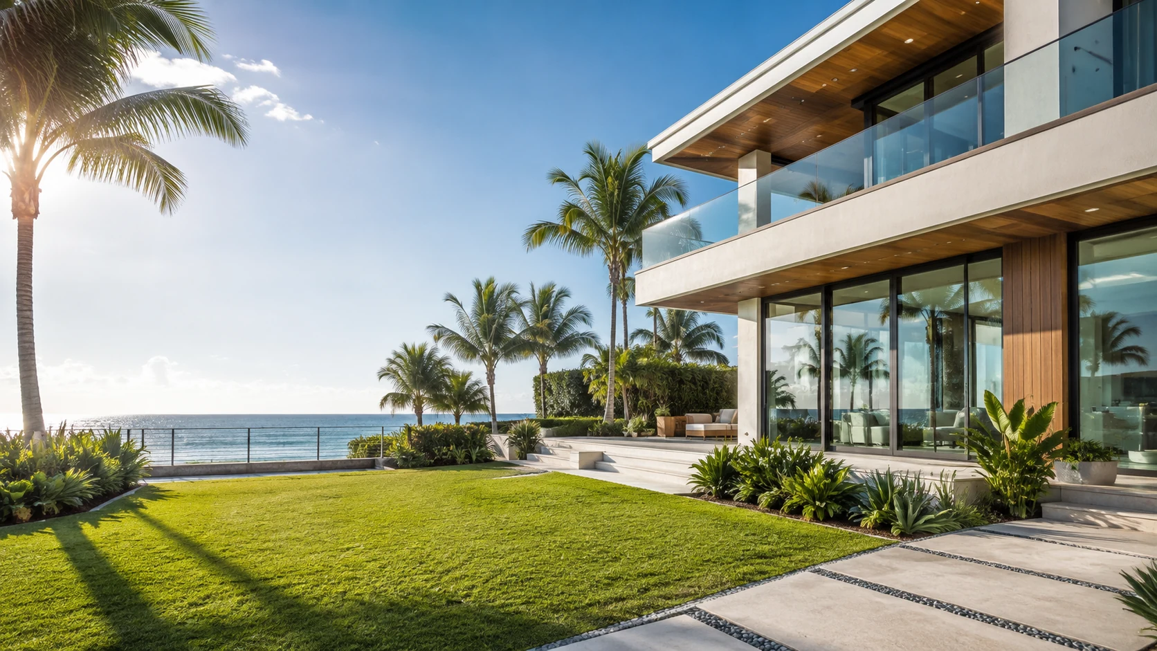 Coastal-style luxury home in Hollywood, Florida with large windows