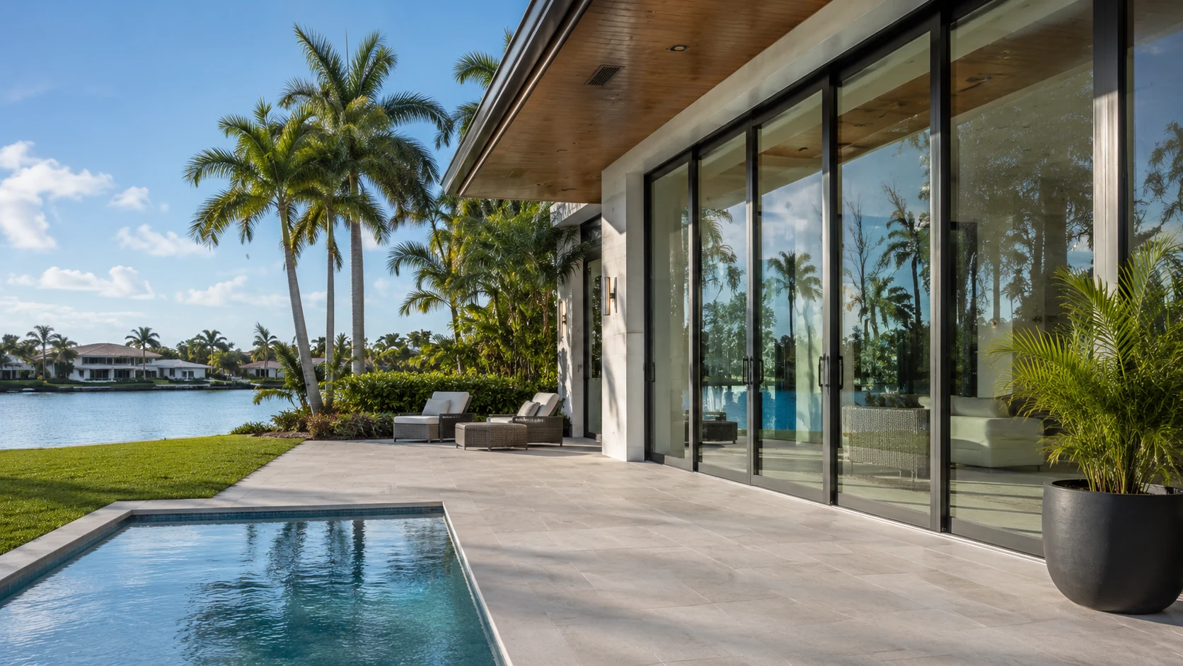 Modern waterfront home in Miami, Florida with large clean windows