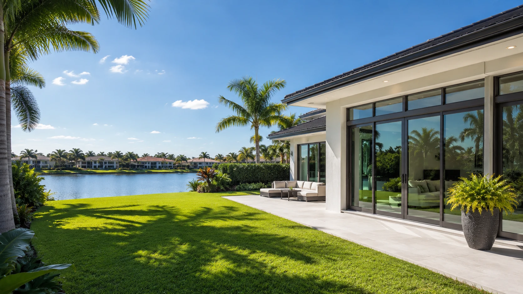 Beautiful lakeside home in Pembroke Pines, Florida with large clean windows