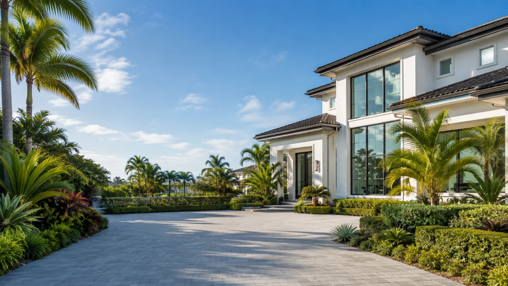 Modern Plantation, Florida home with tropical landscaping and large windows