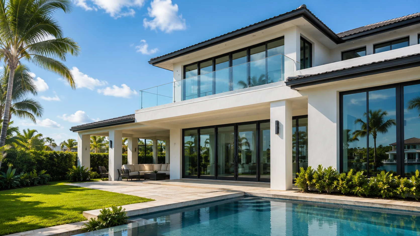 Beautiful Weston, Florida home with large windows and tropical landscaping