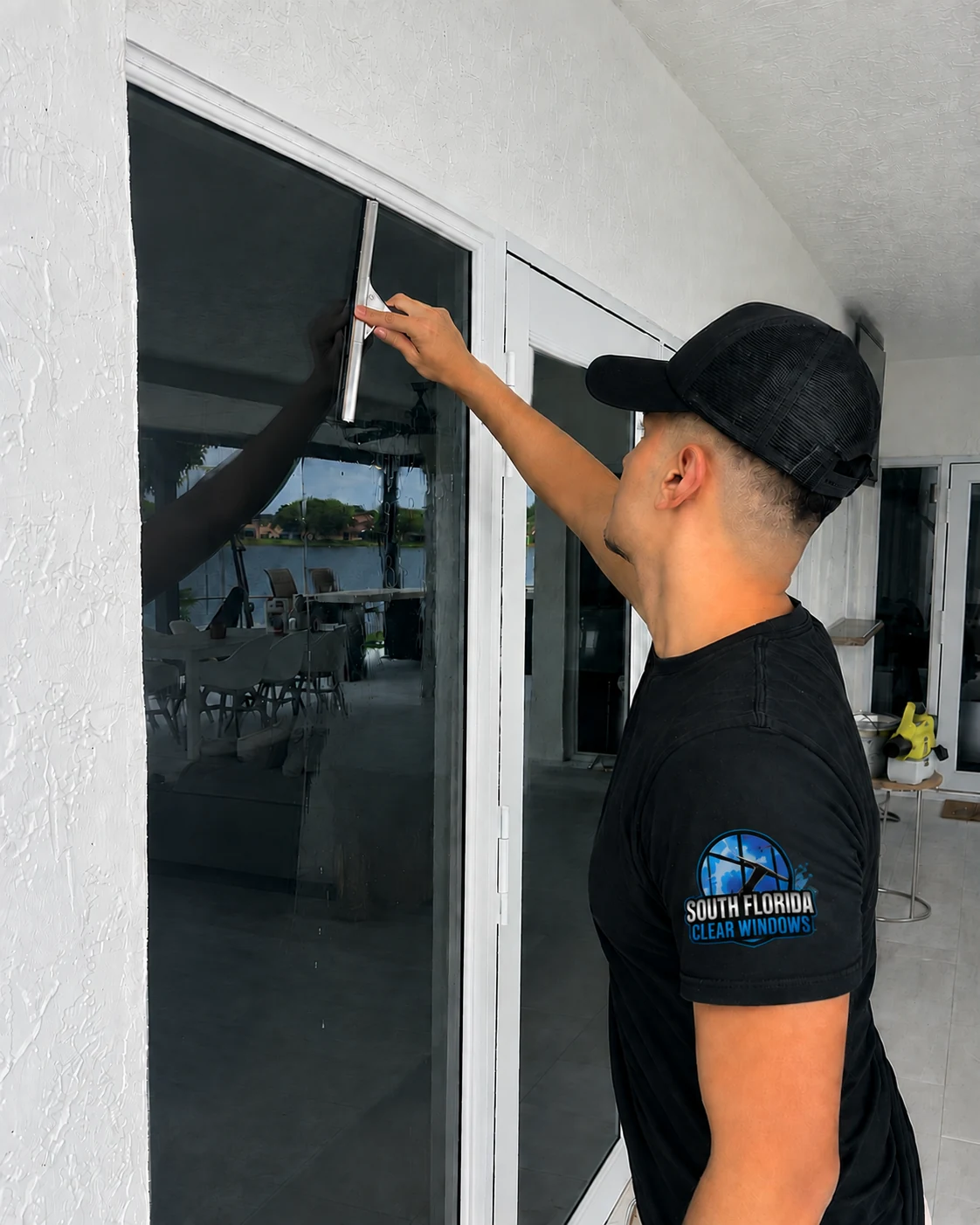South Florida Clear Windows technician squeegeeing a sliding glass door