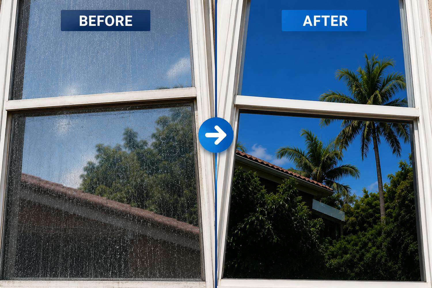 Before and after photo of a South Florida window cleaned by South Florida Clear Windows
